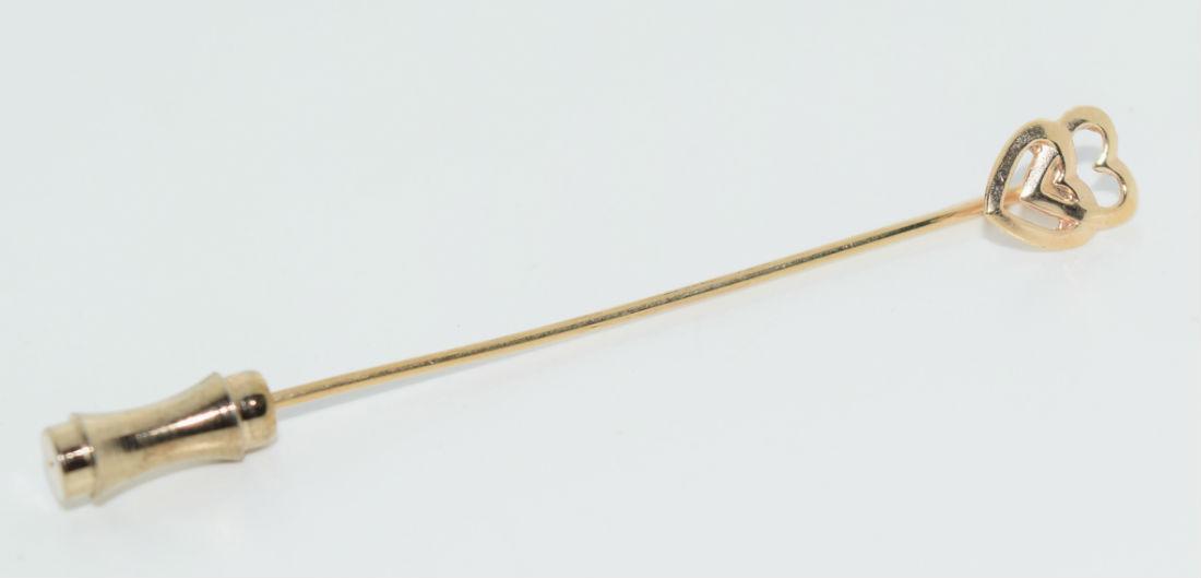 Vintage 12/20 Gold Filled Double Heart Pin: Pin is 58.3mm long with 2 dainty open hearts. Stamped 12/20 G.F.
