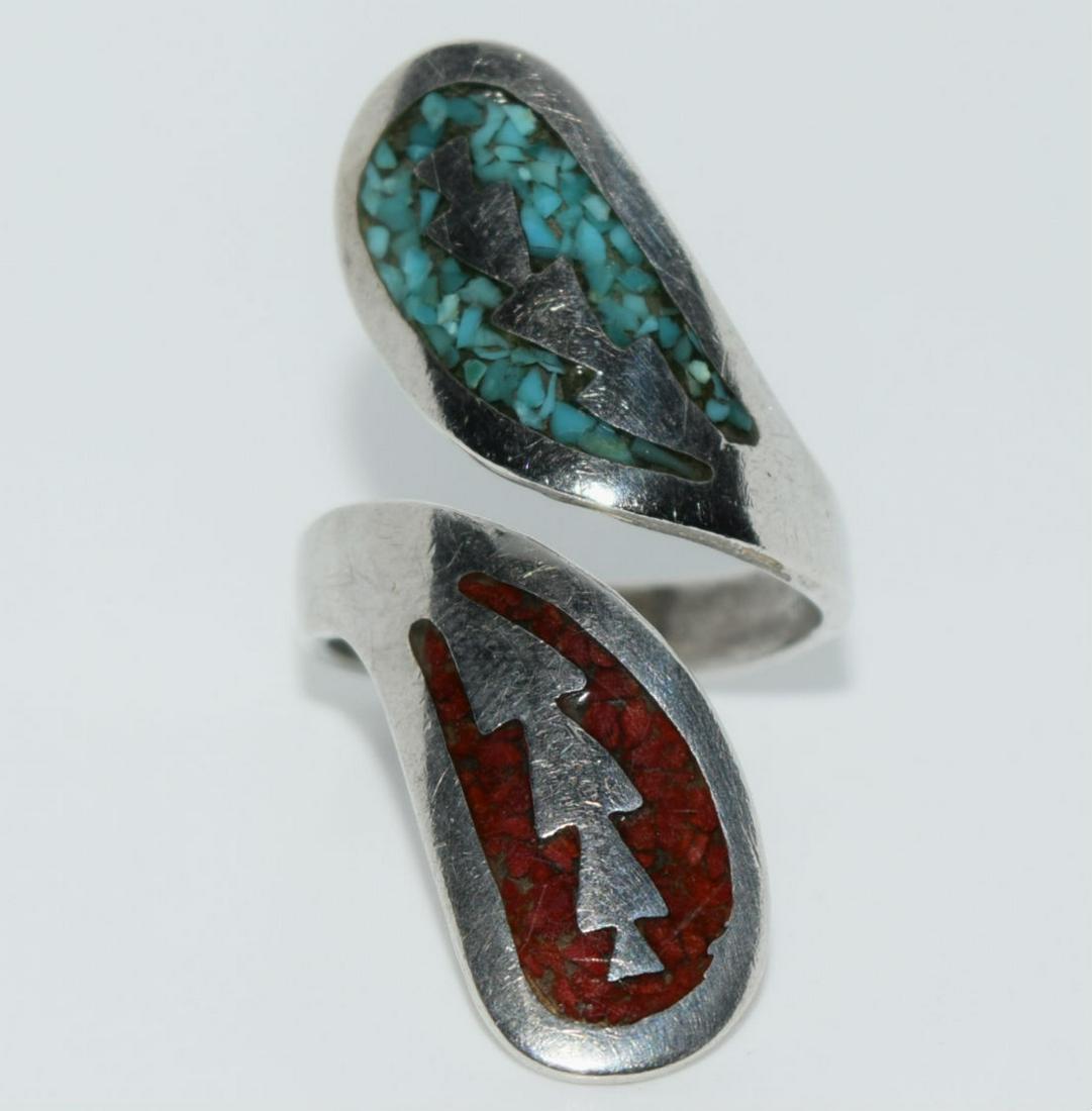 Vtg Sterling Crush Turquoise & Coral Wrap Ring (1 of 4)