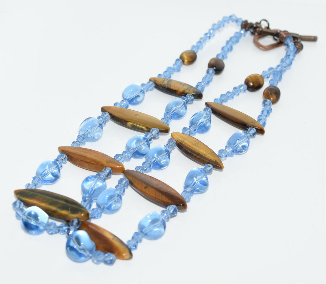 Glass & Tiger Eye Double Strand Choker: Blue Beaded & Tiger Eye Natural Stone Double Strand Choker Measures 16” Long & about 1 ½” Wide