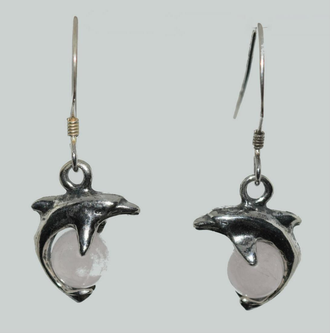 Sterling Silver Rose Quartz Dolphin Dangle Earrings (1 of 2)