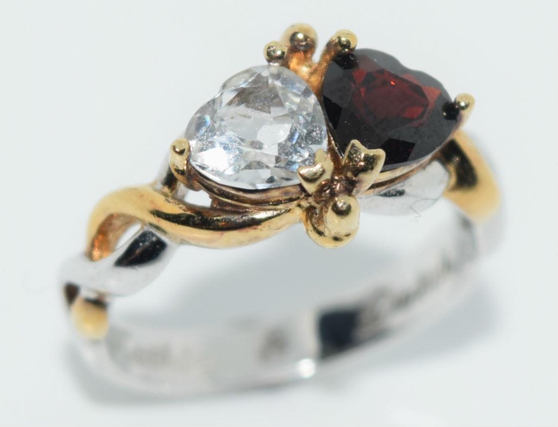 Sterling White Topaz & Garnet Double Heart Ring sz 7 (1 of 3)