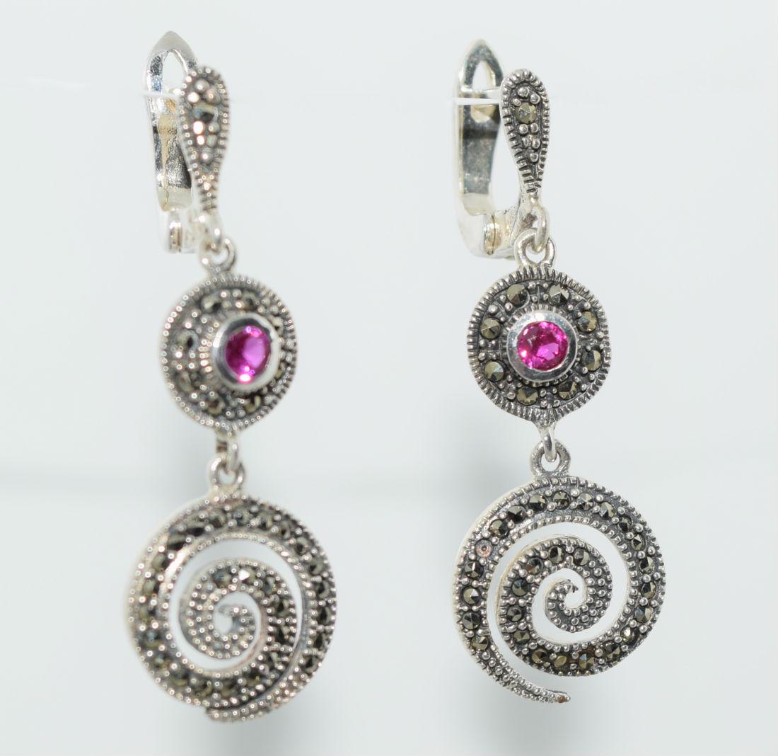 Sterling Silver Pink Topaz & Marcasite Swirl Earrings (1 of 3)
