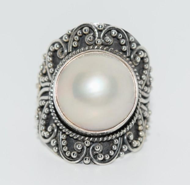 Sterling Silver Bali Bead Large Pearl Ring sz 6.5 (1 of 5)