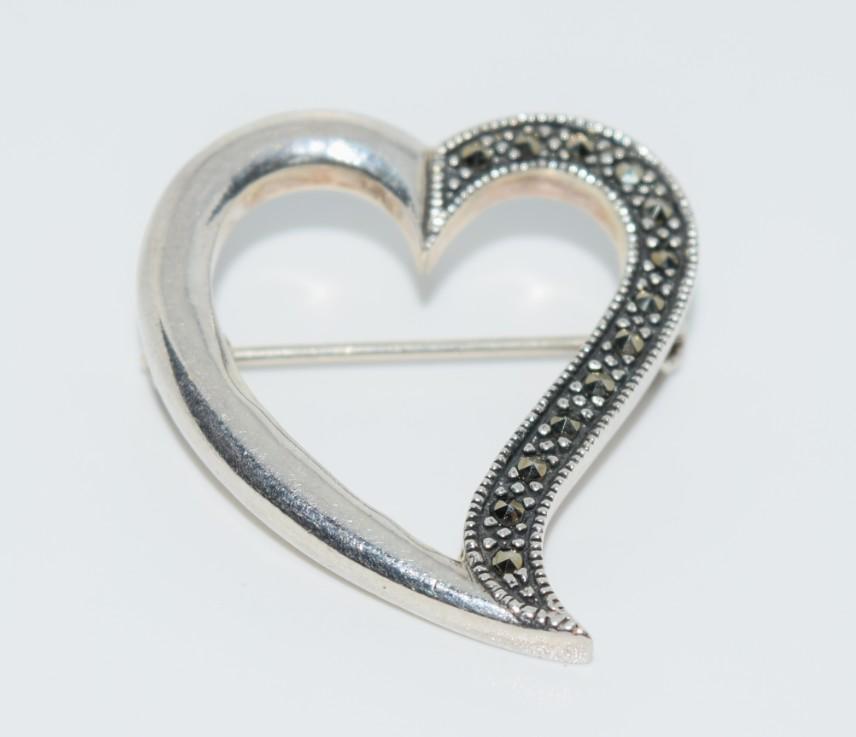 Sterling Silver Marcasite Heart Brooch: This brooch is 33.3x27.8mm. Stamped 925 for sterling silver