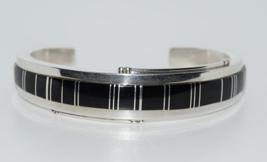 Signed Native SOLID Sterling & Jet Cuff Bracelet (1 of 6)