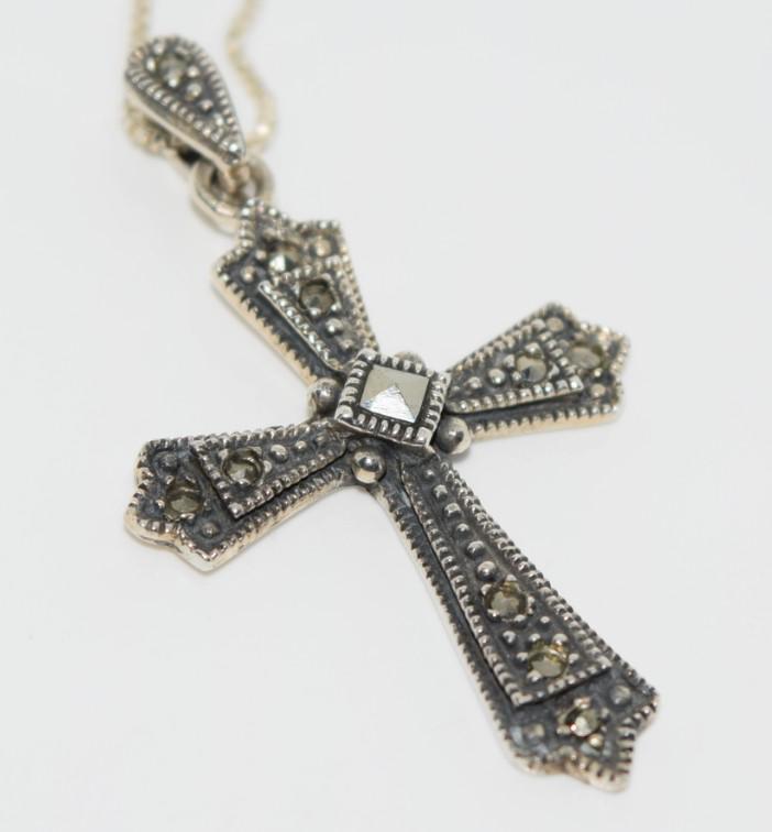 Sterling Silver Marcasite Cross Pendant Necklace: This necklace is 18” long. The pendant has a 14.5mm drop and is 25mm wide. Stamped 925