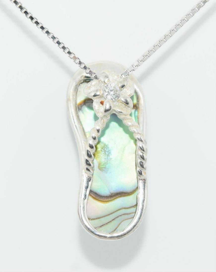 Sterling Silver Abalone Shell Flip Flop Necklace: Abalone inlaid sterling silver Flower Flip flop Measures 21mm Drop & 9mm Wide chain is 18”