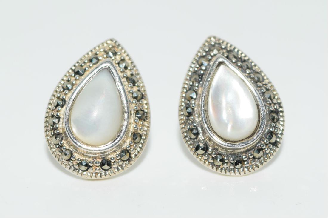 Sterling Teardrop Marcasite & Mother of Pearl Earrings (1 of 2)