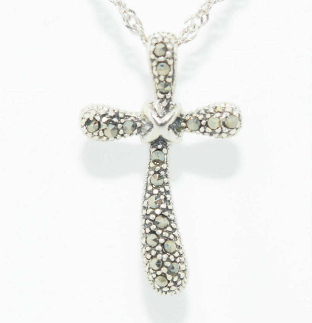 Sterling Silver Marcasite 20” Religious Cross Pendant: Sterling Silver & Marcasite Stone 15mm x 24.8mm Cross Pendant on 20” Chain