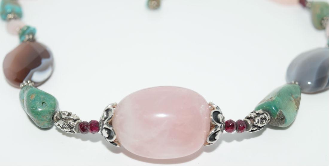 Turquoise, Agate, Rose Quartz, Garnet Sterling Necklace (1 of 4)