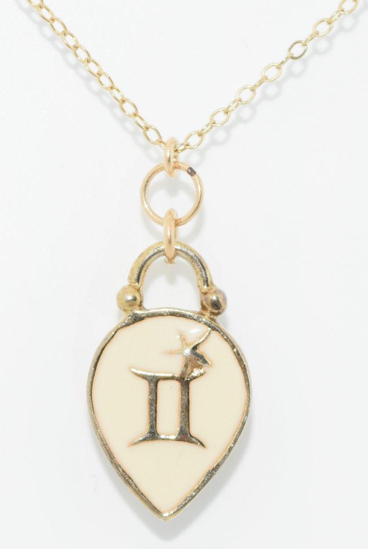 Jessica Elliot 14/20 GF Gemini Pendant Necklace: Jessica Elliot 14/20 gold filled Gemini pendant necklace | Measurement: 16"-19" long 1.5mm thick necklace, 1.3" pendant drop | Weight: 6.3 grams | Stamp: 14/20 GF JE Jessica Elliot