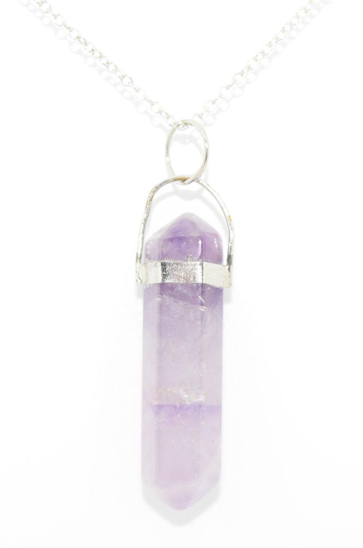 Sterling Silver Amethyst Necklace: Sterling silver amethyst necklace. Note: the bail on the pendant is not sterling silver. | Measurement: 16" long 1mm thick chain, 1.7" pendant drop 1.3" height x 0.3" width amethyst | Weight: 6.5 gram