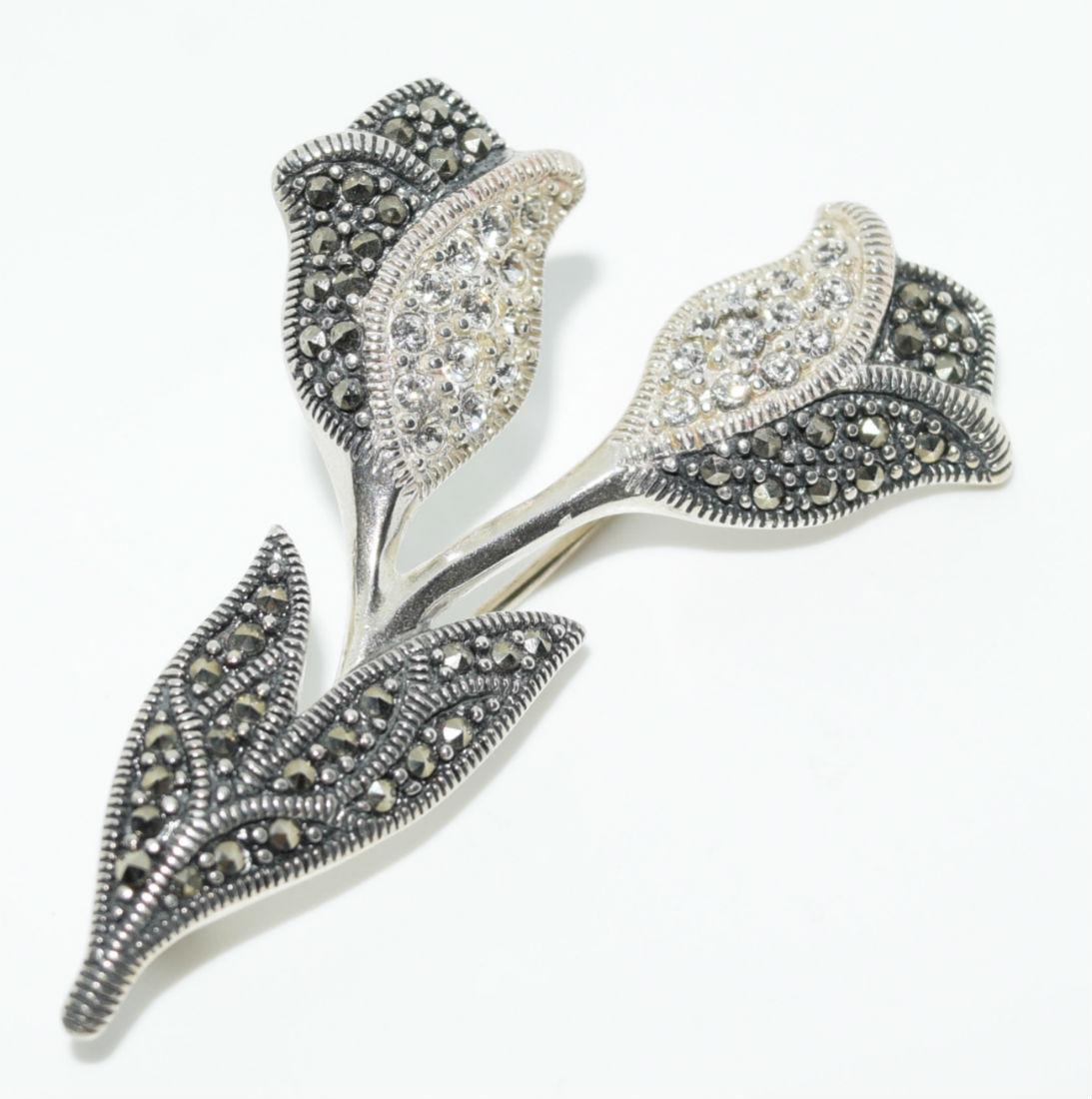 Sterling Silver Marcasite & Cubic Zirconia Tulip Brooch: Sterling silver marcasite and cubic zirconia tulip brooch | Measurement: 1.8" height x 1.2" width | Weight: 7.4 grams | Stamp: 925