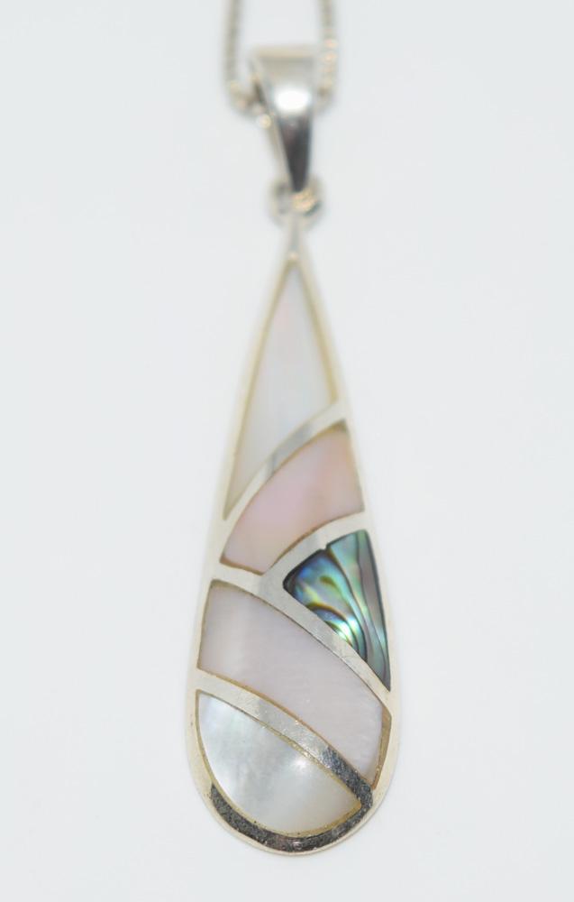 Sterling Silver Mother of Pearl & Abalone Necklace: Sterling silver mother of pearl and abalone necklace | Measurement: 19" length, 1.8" pendant drop