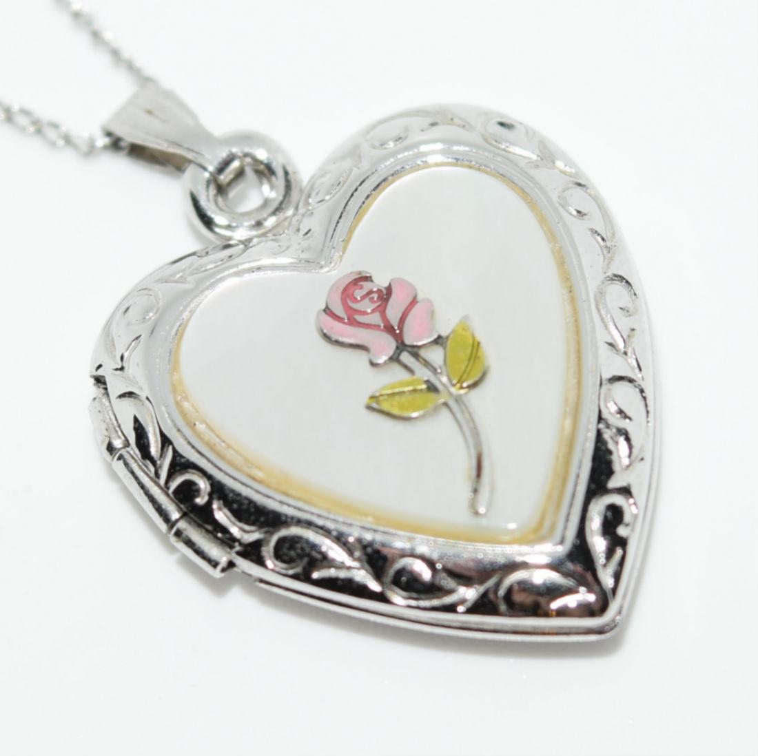 Sterling Silver Rose Heart Locket Pendant Necklace: Sterling silver enamel rose heart locket pendant necklace | Measurement: 20" long, 0.5mm thick, 1.1" pendant drop 0.7" width | Weight: 4.3 grams | Stamp: 925