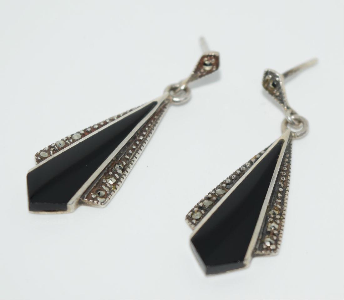Vintage Sterling Onyx and Marcasite Earrings: Sterling Silver Marcasite and Onyx 13mm wide with a 39mm drop Post Earrings