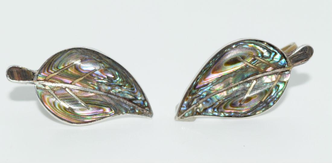 Vtg Mexico Silver Abalone Inlaid Leaf Screwback Earring (1 of 3)