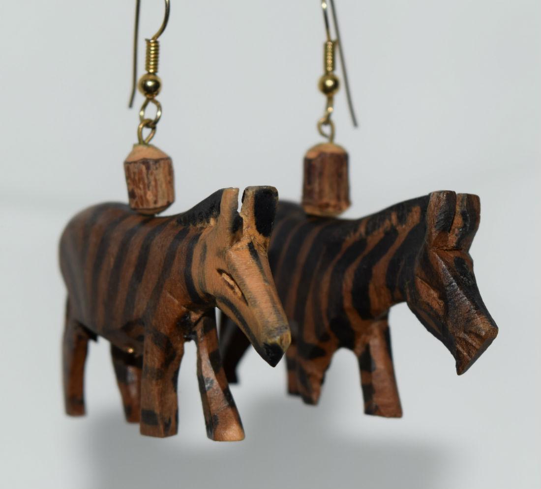 Wood carved zebra animal dangle earrings (1 of 3)
