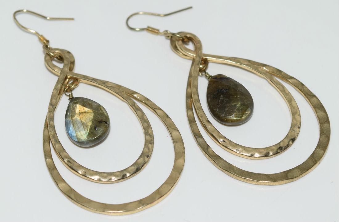 Gold tone & labradorite teardrop dangle earrings: Gold tone & labradorite teardrop dangle earrings | Measurement: 3” drop 1.5” width