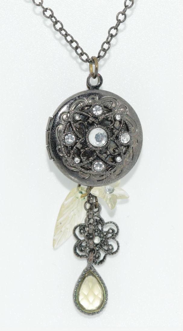 Locket pendant necklace with charms: Black chain link necklace locket pendant with rhinestone accents and charms | Measurement: 18” â€“ 21” length, 2.1” pendant drop