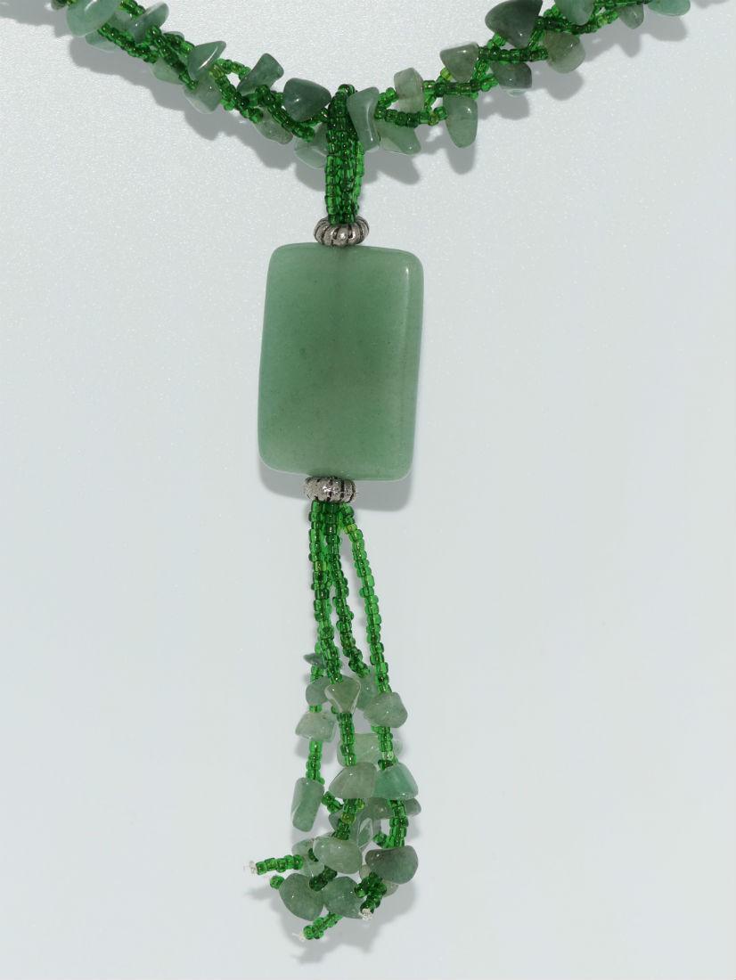 Vintage green bead and jade nugget necklace: Vintage jade pendant with jade nugget and green bead tassel and braided green bead and jade nugget necklace with screw clasp | Measurement: 20” length , 5.2” pendant drop, 1” width