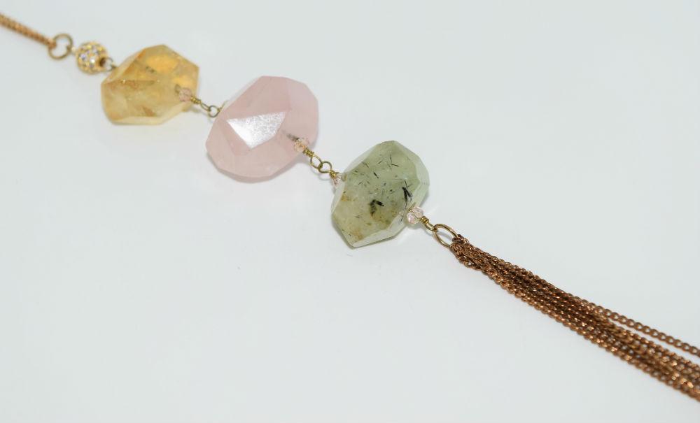 Tassel pendant and gold tone necklace: Colorful quartz and rhinestone tassel pendant and gold tone necklace | Measurement: 28.5” length, 6.2” pendant drop