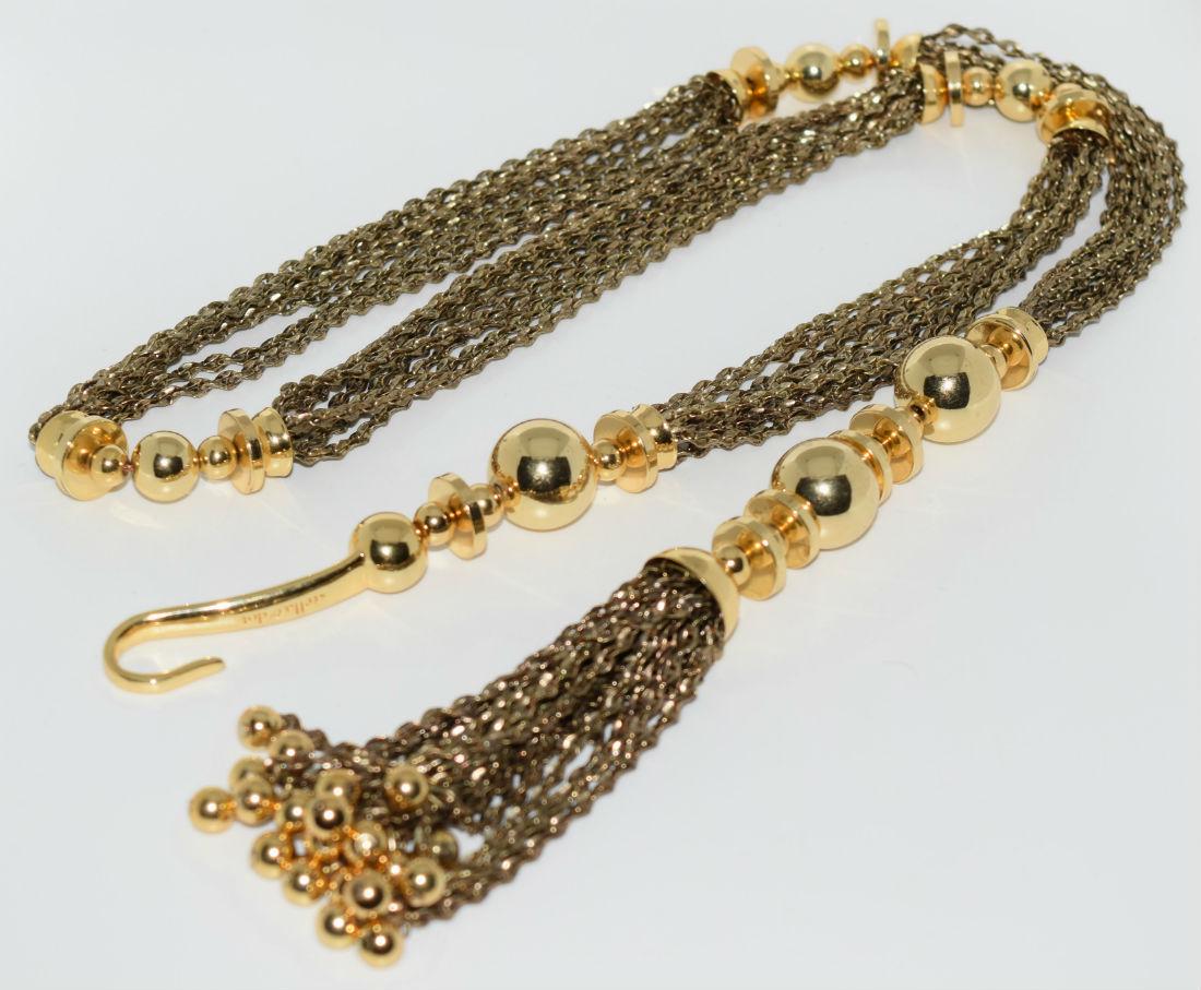 Designer Stella & Dot twisted chain necklace with: Designer Stella & Dot gold tone bead and 8 strand twisted chain front hook closure necklace with tassel pendant | Measurement: 27” length