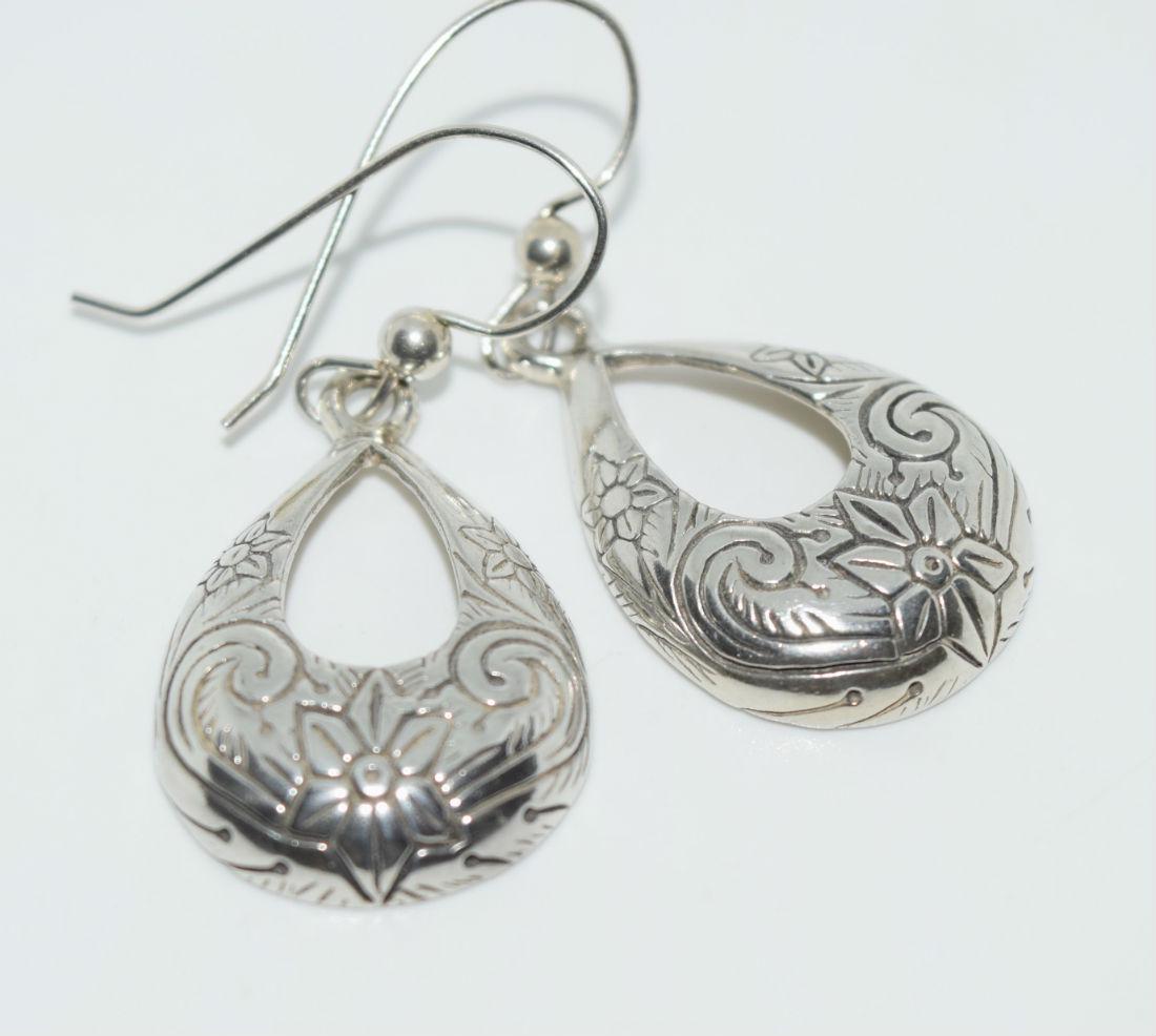 Sterling Silver Flower Stamp Dangle Earrings (1 of 3)