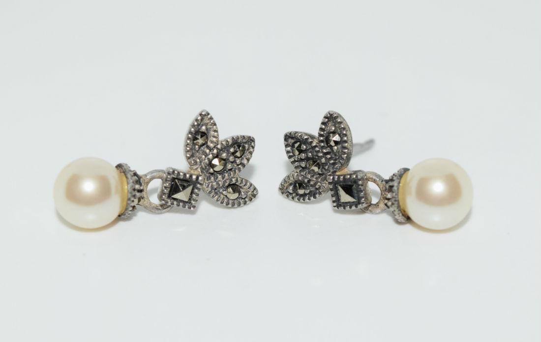 Sterling Marcasite & Faux Pearl Earrings: Sterling silver marcasite and faux pearl earrings | Measurement: 18mm drop, 9mm width, 6mm faux pearl