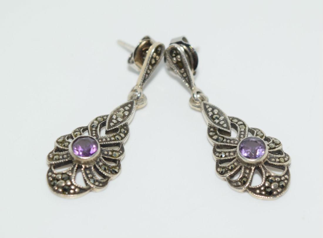 Sterling Marcasite & Amethyst Earrings: Sterling silver marcasite and amethyst earrings | Measurement: 32.5mm drop, 11.5mm width
