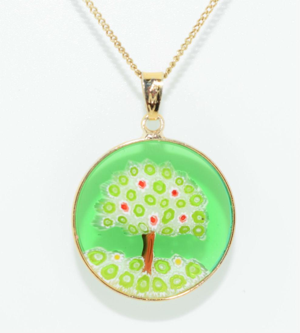 Gold Over Sterling Millefiori Glass Necklace: Gold over sterling silver millefiori glass tree pendant necklace | Measurement: 20” length, 34.5mm pendant drop, 24.3mm width