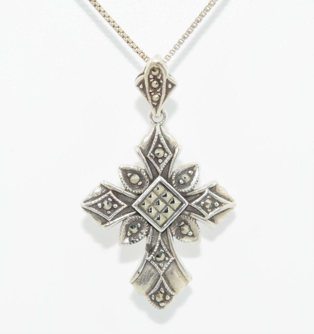 Sterling Marcasite Cross Necklace: Sterling silver marcasite cross pendant necklace | Measurement: 18” length, 37.5mm pendant drop, 23mm width