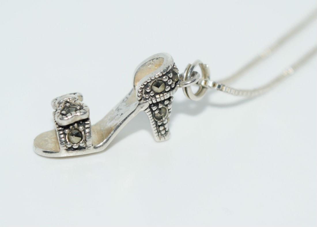 Sterling Marcasite High Heel Shoe Necklace: Sterling silver marcasite high heel shoe pendant necklace | Measurement: 16” length, 23.5mm pendant drop, 6.2mm width