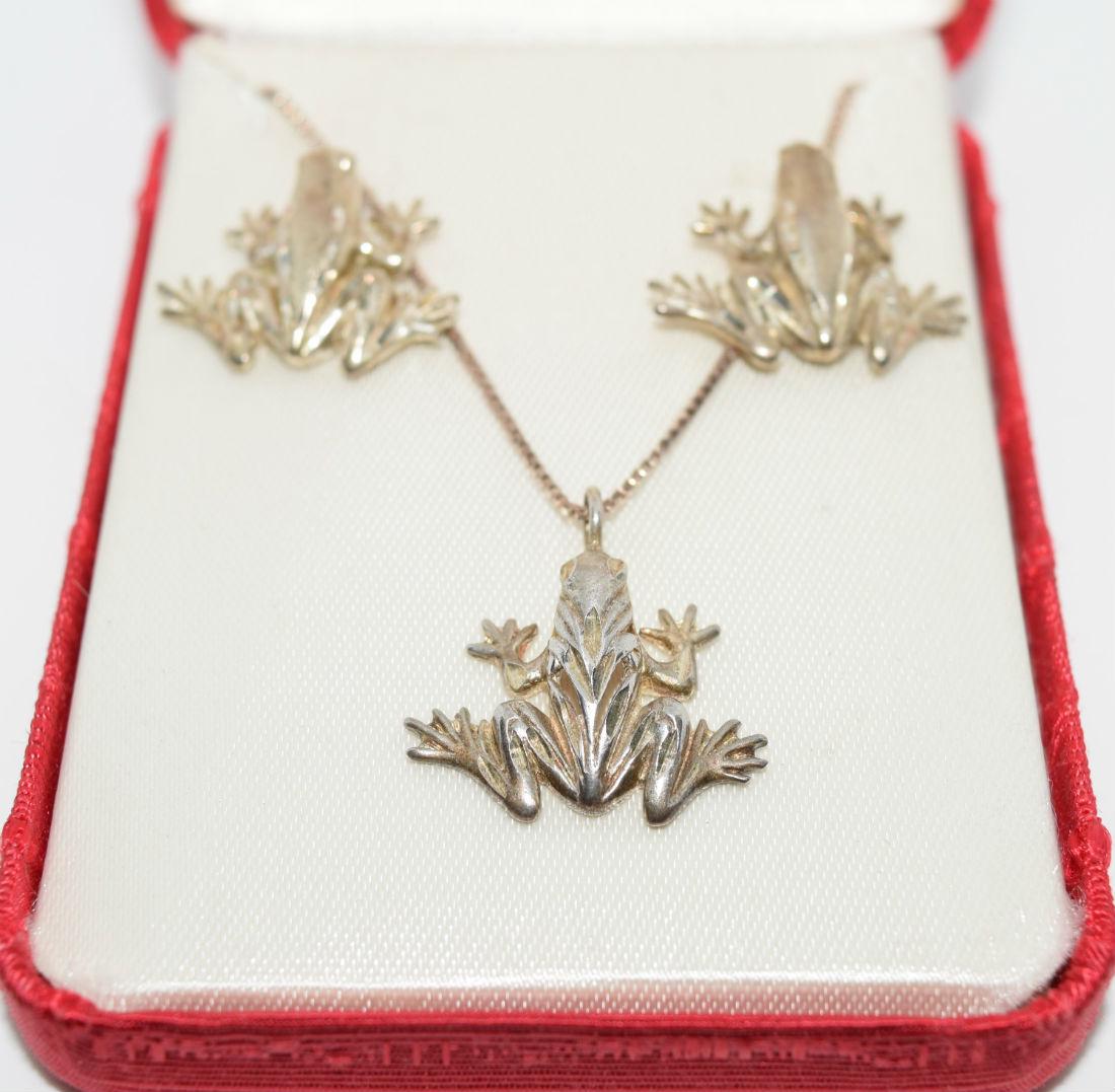 NIB Sterling Diamond Etched Frog Necklace & Earrings: New in box sterling silver diamond etched frog pendant necklace and matching earrings | Measurement: 17” length, 22mm pendant drop, 16.5mm x 21.5mm