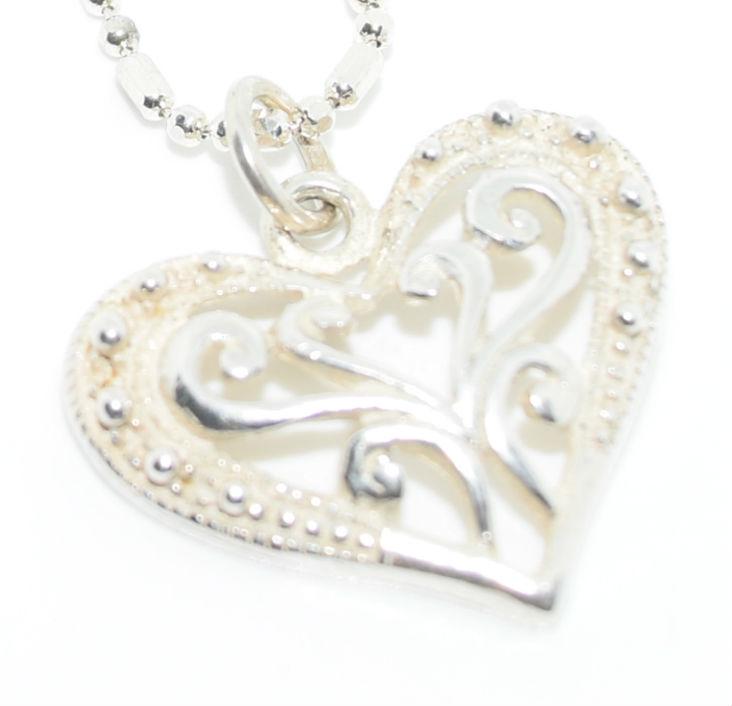 Sterling Filigree Carved Heart Necklace: This Pendant Measures 22.2mm x 23mm Drop & is on a 16” ball and stick chain.