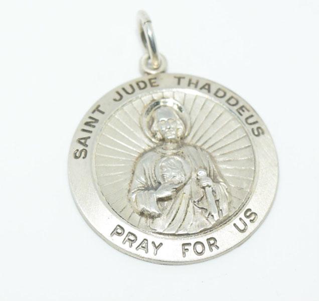 Sterling St. Jude Round Pendant/Charm: This Sterling Silver 26mm Round Saint Jude Thaddeus Pray for Us Pendant/Charm is stamped STER THEDA.