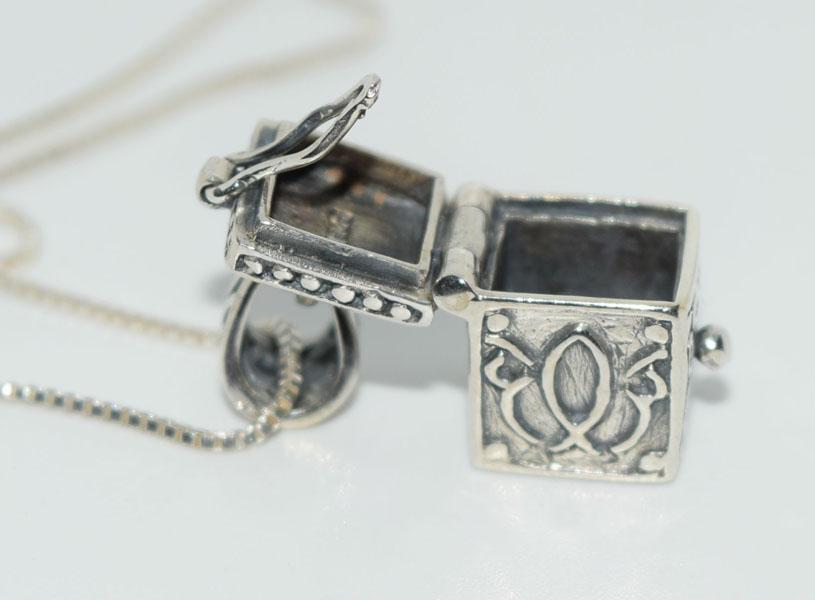 Sterling Silver Fish Prayer Box Necklace: This Sterling Silver Religious Fish Design Prayer Box measures 12.7mm with a 21.3mm Drop on a 18inch box chain and is stamped INDO 925 IBB.