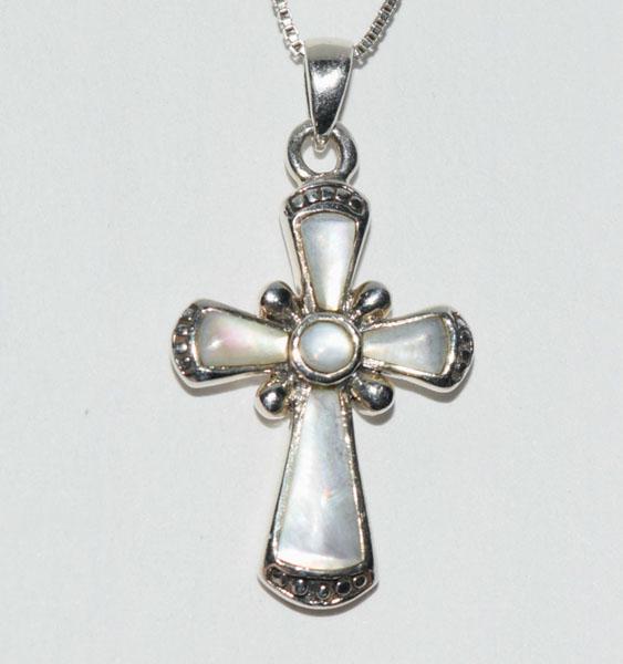 Sterling Silver MOP Cross Necklace: This Sterling Silver Cross Pendant with inlaid MOP accents measures 18.5mm with a 18.5mm Drop on a 21inch Box chain.