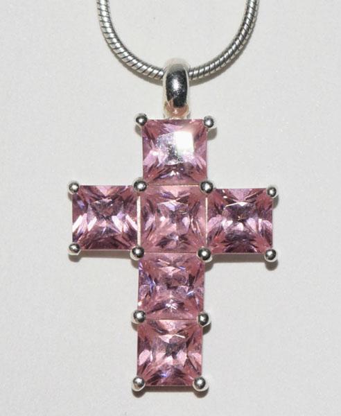 Sterling & Pink Stone Cross Necklace: This Sterling Silver Cross Pendant measures 19.6 x 31mm and has Pink Stone Accents on a 24inch 1mm snake chain and weighs 12 grams.