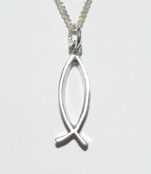 VTG Silver Flat Religious Fish Pendent: This Vintage Sterling Silver Flat Design Religious Fish Pendant measures 6.8 x 4.7 x 25.2mm drop and is stamped Sterl on a 16inch chain.