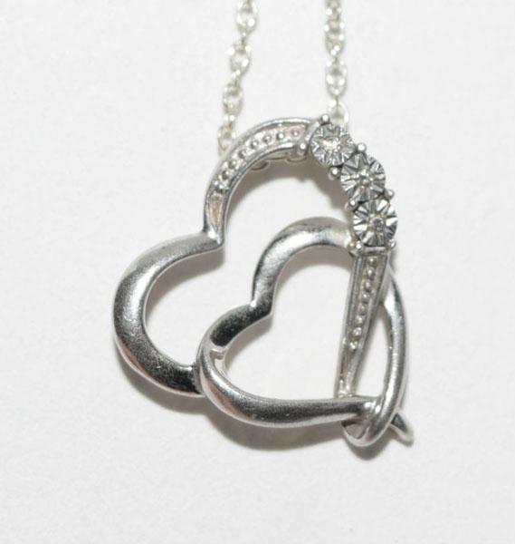 VTG Silver Double Heart Diamond Necklace (1 of 3)