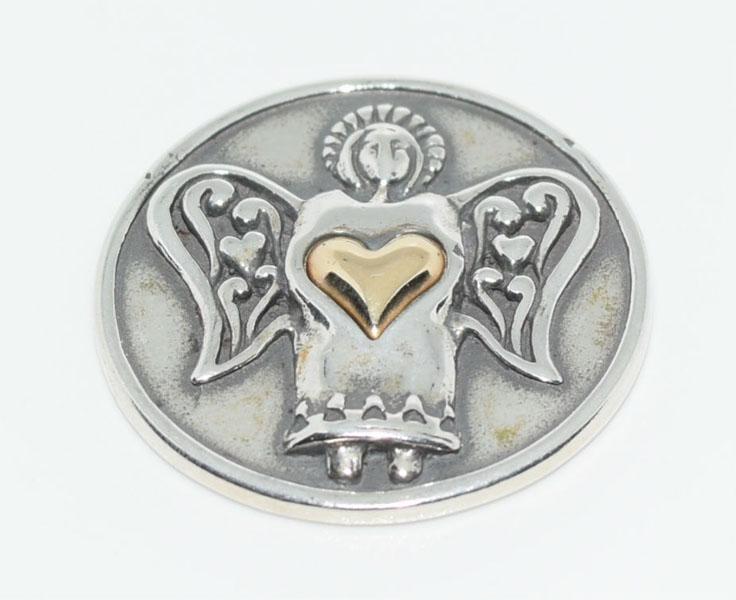 Sterling & 14k Gold Guardian Angel Pocket Token: This token is 24mm round. The center heart 14k and the rest sterling silver. Stamped 925, 14K