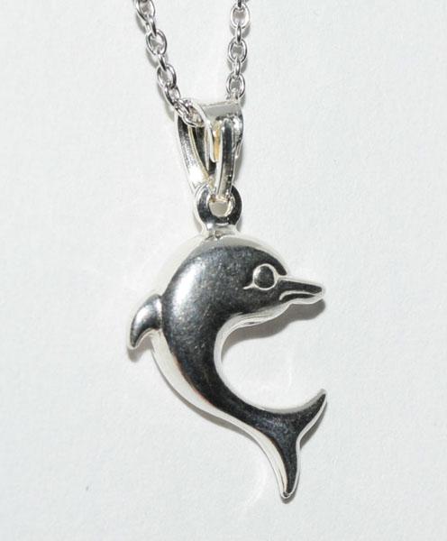 Sterling Silver Dolphin Necklace: This Sterling Silver Dolphin Pendant measures 15mm wide with a 27.3mm Drop on a 16inch chain with a 1inch extension.