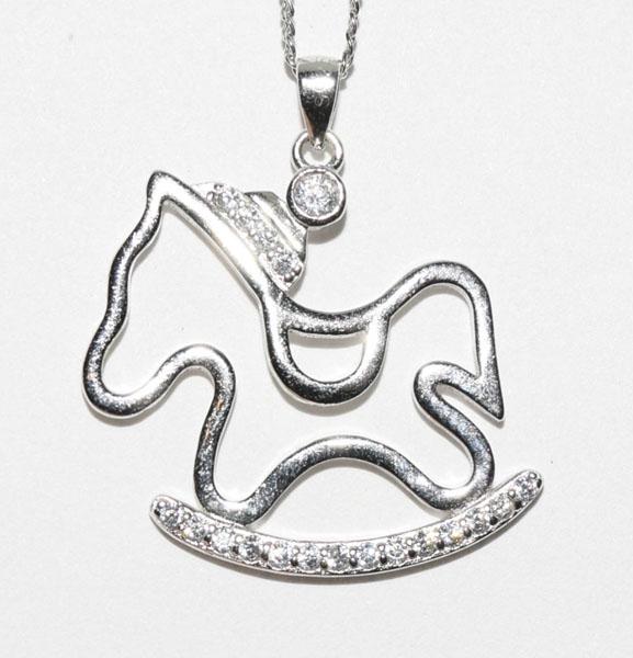 Sterling Silver Rocking Horse Necklace: This Cute Stone Accent Rocking Horse pendant measures 26.2mm wide with a 30mm drop on a 15inch chain.