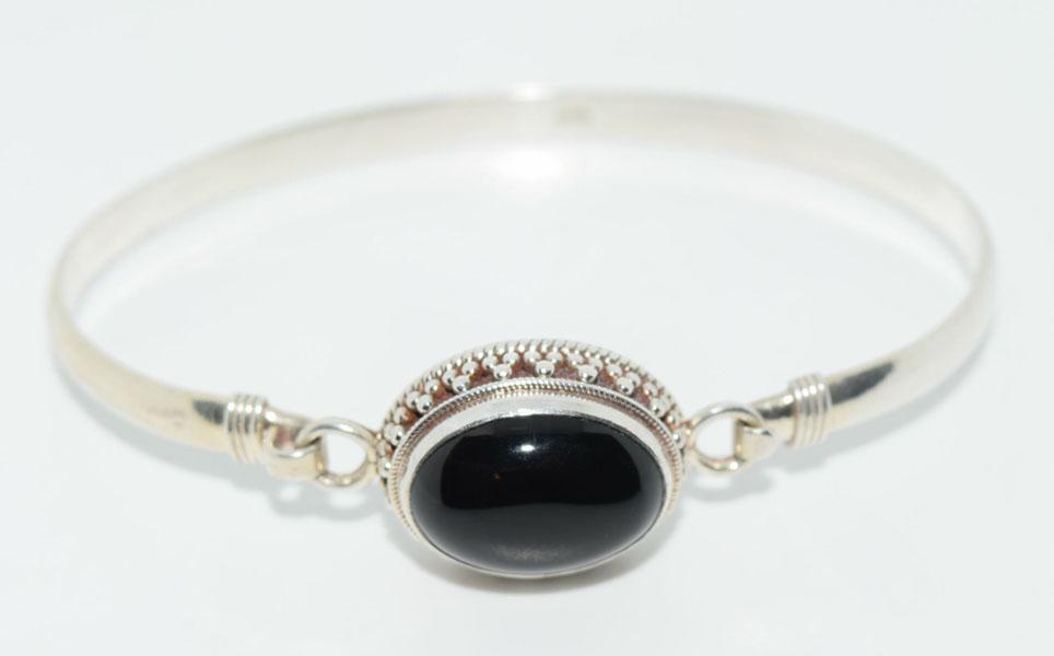 Vtg Sterling Silver Onyx Hinged Bracelet (1 of 6)
