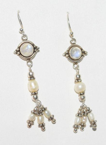 Sterling Moonstone Bali Earrings: These Bali Style earrings have moonstone & Pearl accents measures 13mm wide with a 60mm drop.