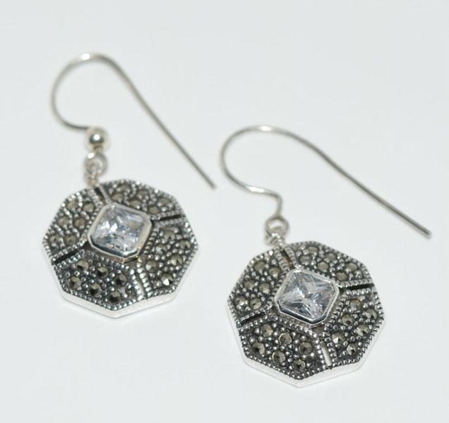 JJ Sterling & Marcasite Earrings: These Marcasite & Stone earrings measure 16.5mm wide with a 35mm drop and are stamped JJ Sterling.