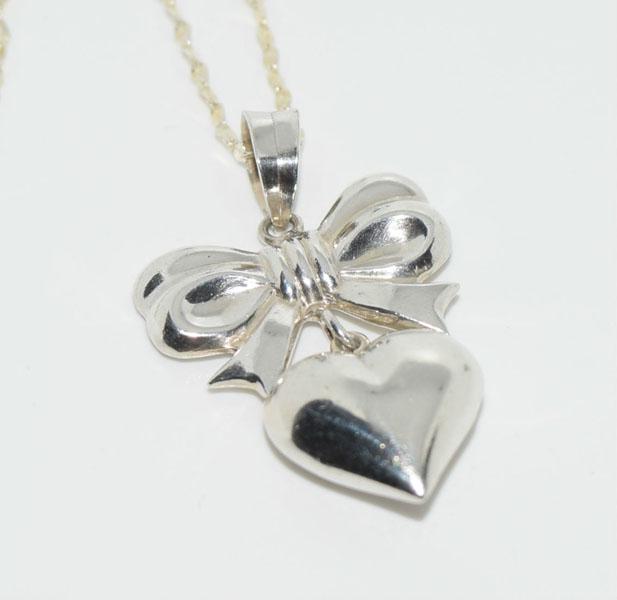 VTG Silver Bow & Heart Dangle Pendant (1 of 2)