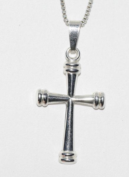 Sterling Silver Simple Cross Necklace: This Sterling Silver End wrapped Religious Cross pendant that measures 18.4mm with a 37.5mm drop on a 18inch box chain is stamped HF AG 925.