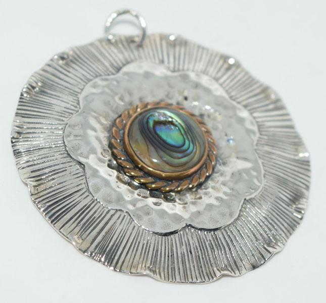 Hand Crafted Silver Abalone Flower Pendant: This 44.5mm round Flower Pendant has a bezel set 10.5mm round Abalone, stamped CFJ Thailand and weighs 11.65 grams.